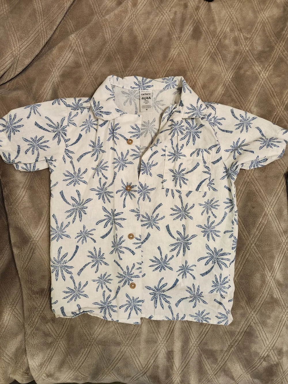 Carter's White Short-Sleeve Button-Up with Blue Palm Print